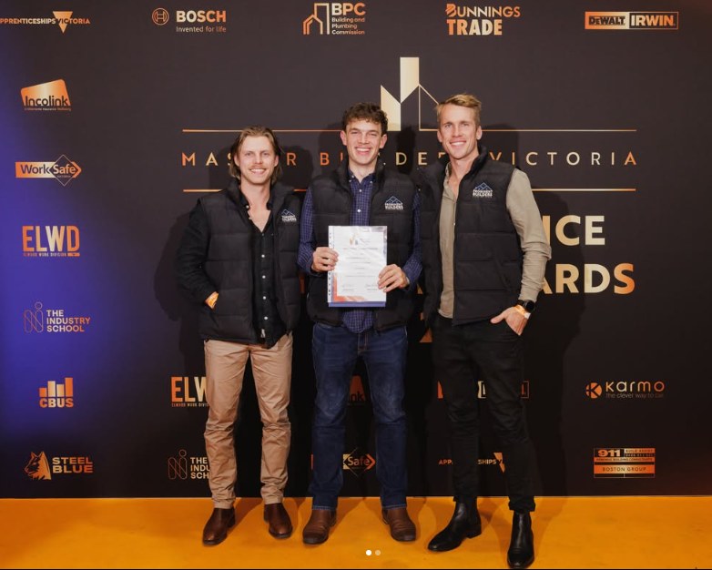 Lachy with Josh and Nathanael at the Master Builders Victoria Apprentice Awards, Lachy holding his Certificate of Excellence