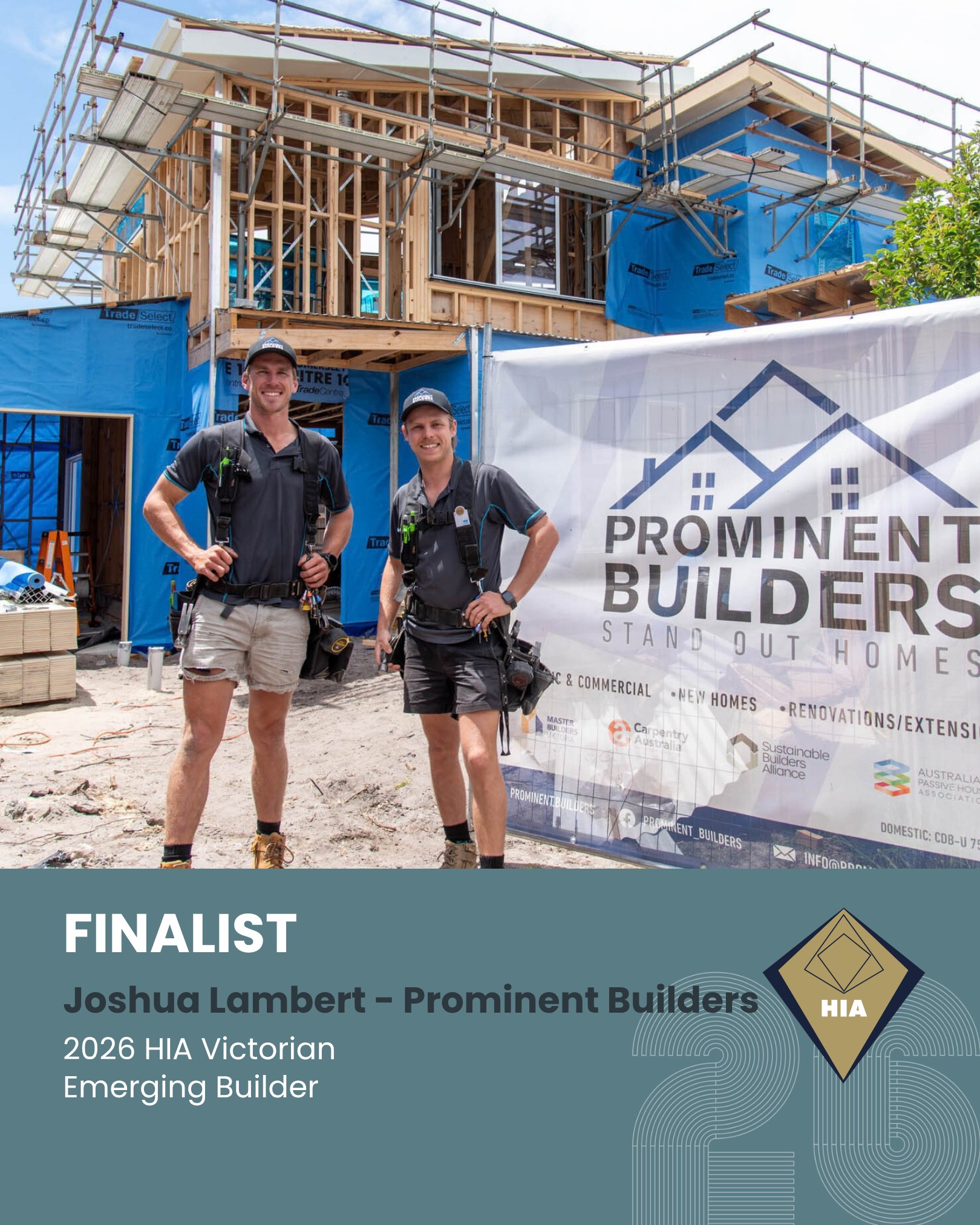 HIA Finalist graphic: Joshua Lambert, Prominent Builders, 2026 HIA Victorian Emerging Builder