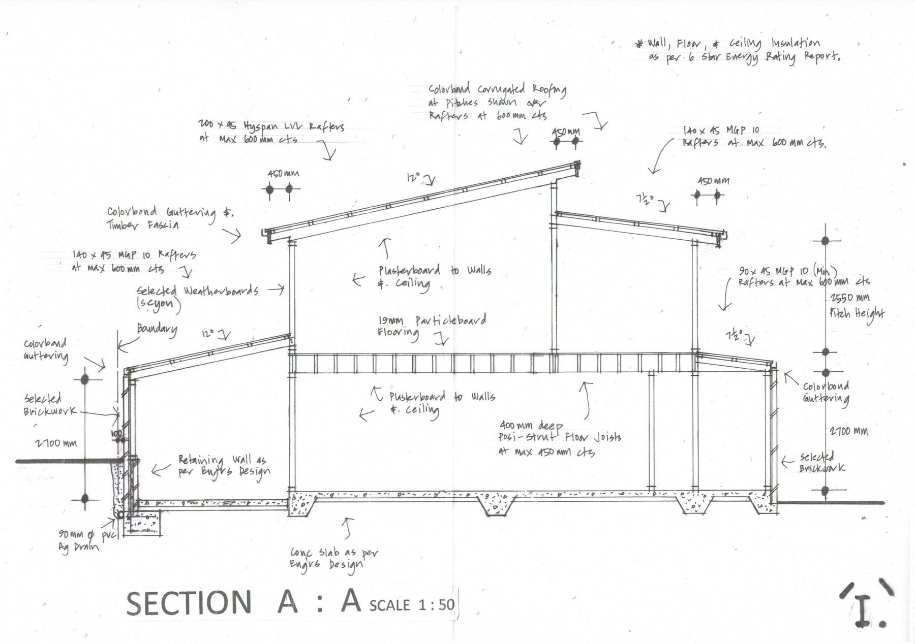 Hand-drawn Section A:A, annotated by hand with roofing, weatherboards, brickwork and floor joists