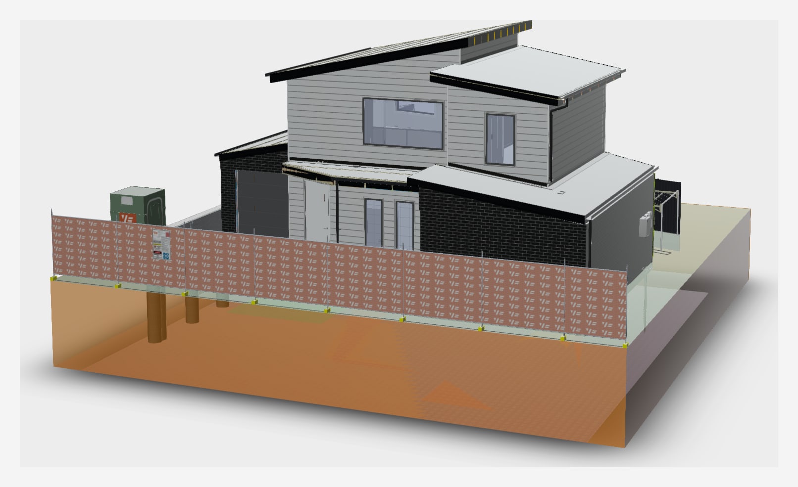 3D model of the Bonbeach house showing the double-storey form, weatherboard and brick cladding, roof lines and the fenced site boundary