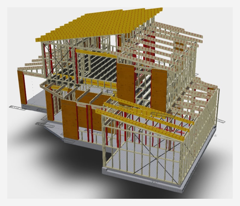 A bare timber frame model of a house: studs, plates, joists and trusses, with LVL beams picked out in yellow and wall bracing in red