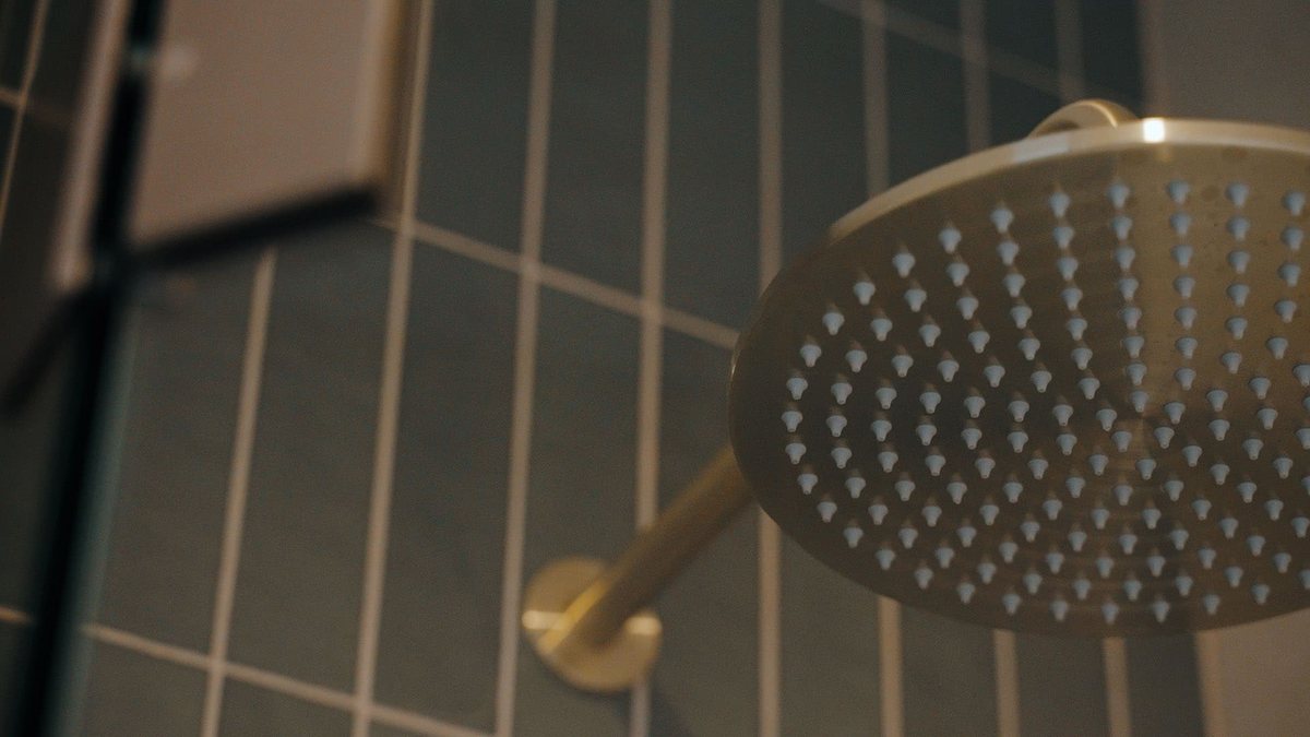 Renovated ensuite with a brushed brass rain shower head against dark tiling